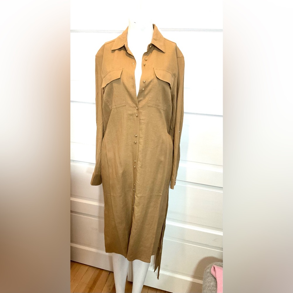 Long Sleeve Button-Front Shirt Dress in Camel
